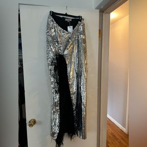 Hanifa Silver Skirt with Feathers